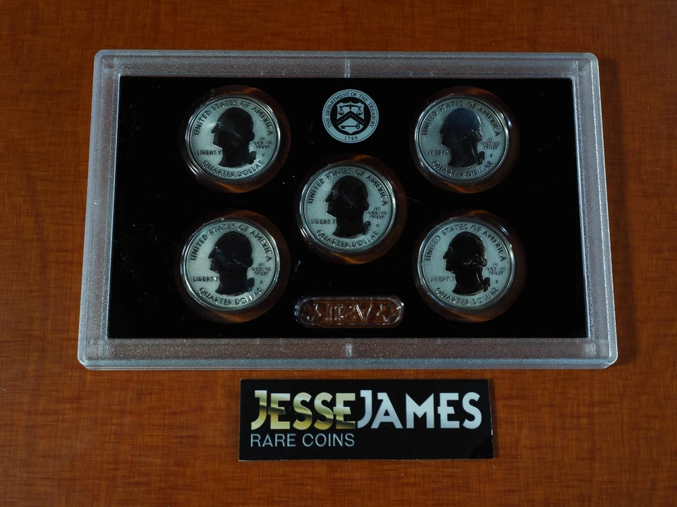 2018 S 25C REVERSE PROOF SILVER WASHINGTON ATB QUARTER 5 COIN SET FRESH IN LENSE - Image 2 of 2