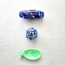 Blue Lampwork Art Glass Large Beads  Green Pendant Crafting Jewelry Making