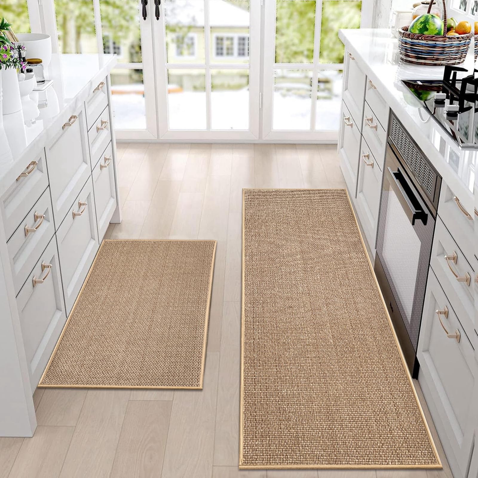 Non-Slip Absorbent Kitchen Mat Set of 2 with Rubber Backing in Beige