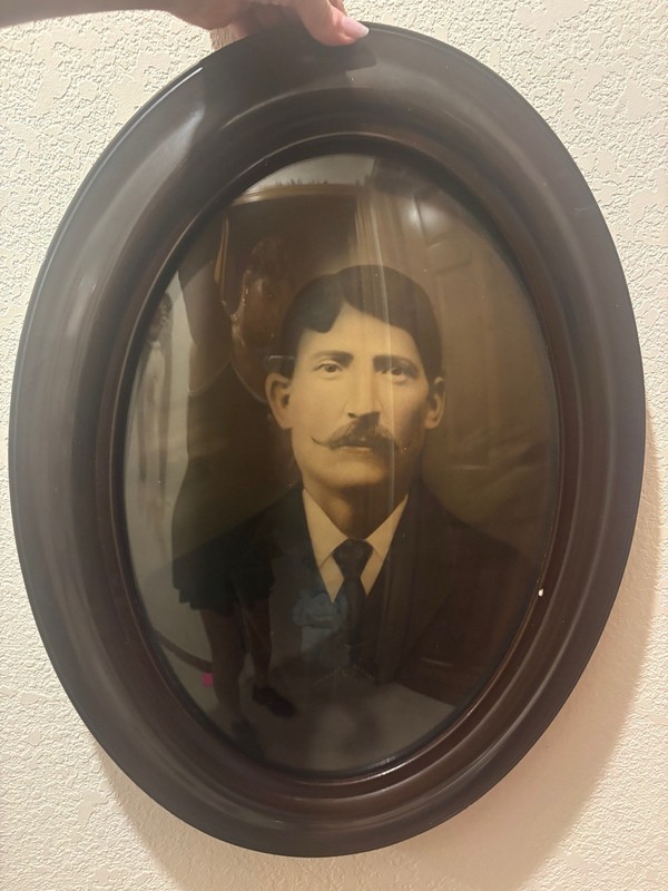 Vintage Antique Oval Bubble Glass Portrait of a Man with a Mustache