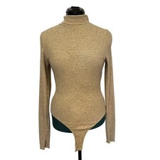 Free People Intimately Ribbed Turtleneck Bodysuit Womens Large Beige Snap Thong