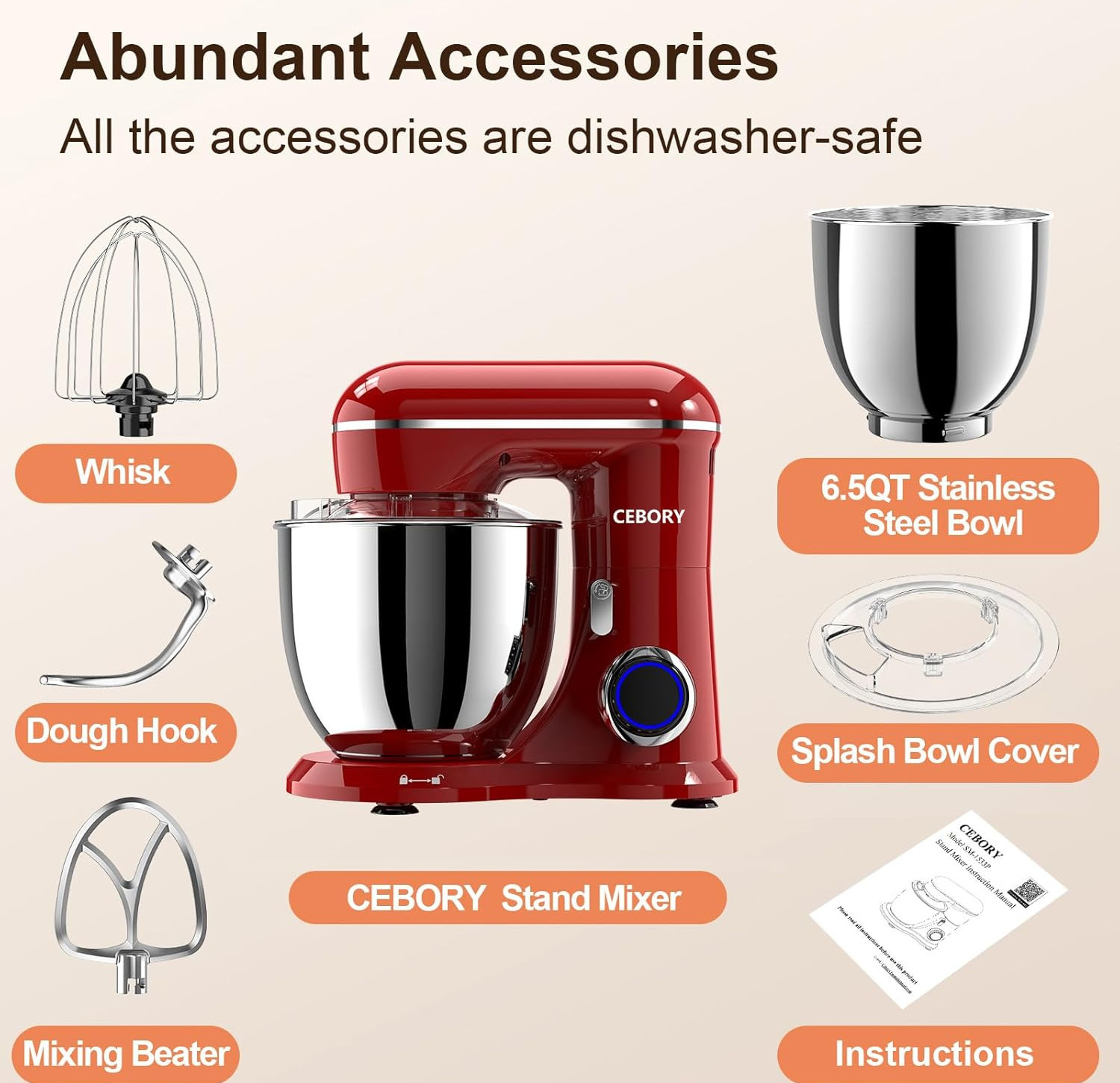 CEBORY 6.5QT 660W 10-Speed Tilt-Head Stand Mixer Red w/ Dough Hook