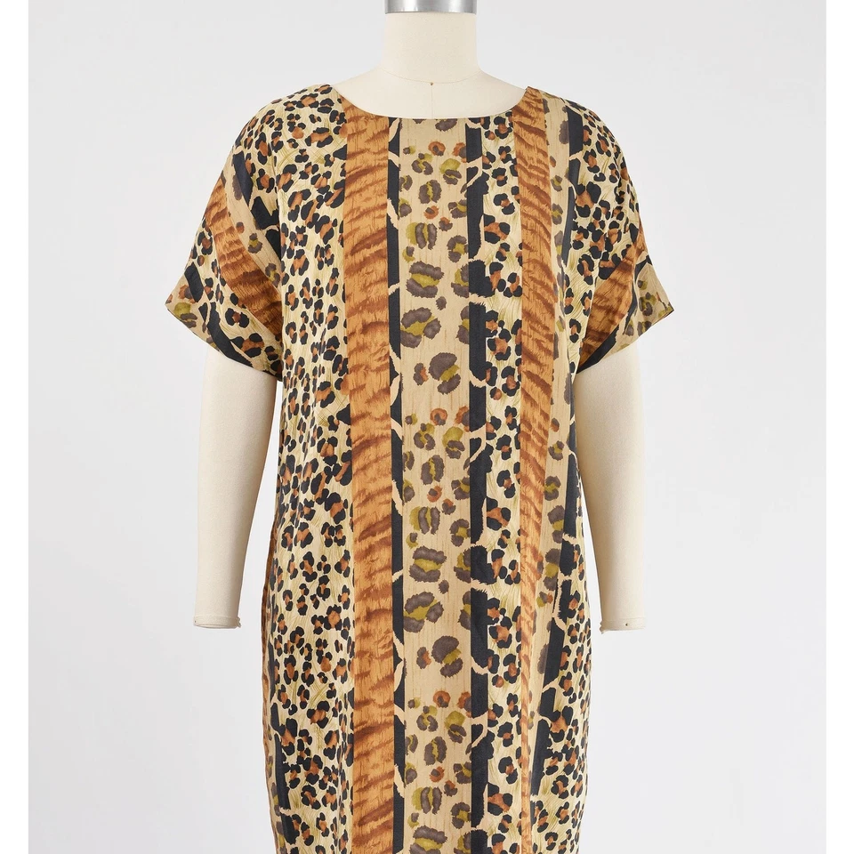 Vestido recto vintage años 90 seda rayas estampado animal leopardo marrón y negro M L Foto 3 de 4