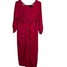 Miss Tina Dress Womens Size Large V Neck Ruched Bodycon Midi Fuchsia L