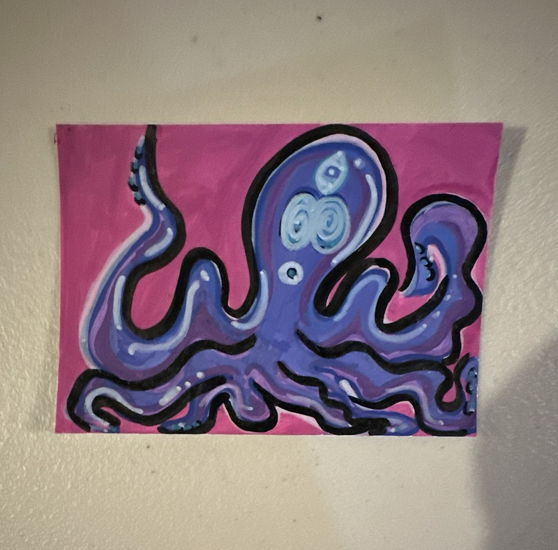 ACEO - Funky Purple Octopus Pop Art Painting on Paper, Small Unframed