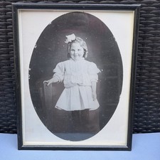 Antique c1910 Framed Little Girl Portrait Photo Oval 12x15 1900s B W