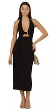 Adrianna by Adrianna Papell Knit Crepe Black Dress Gold Buckle Size 12 Cutout