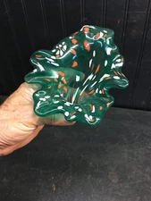 Vtg 9in  Lily Flower Hand Blown Green Brown Glass Bud Vase Art Glass Swirl Base