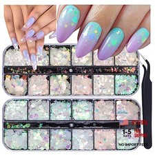 24 Grids Holographic Nail Sequins and 1 Pcs Tweezers,Iridescent Mermaid Flakes