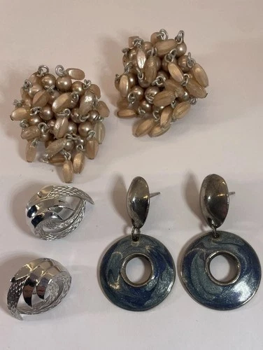 Lot 3 Pr Vtg Earrings BEREBI Enamel Japan Pearl Cluster + Trifari Silver Tone