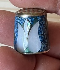 Vintage Alpaca Mexico Silver Enamel Metal Shell  Mother of Pearl Sewing Thimble
