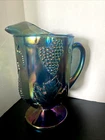 Vintage Northwood Carnival Glass Grape & Cable Blue Iridescent Water Pitcher
