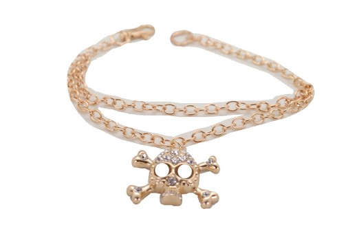 PAIRE de bracelet botte chaussure métal mode femme or crâne bling + breloque vague - Photo 4/20