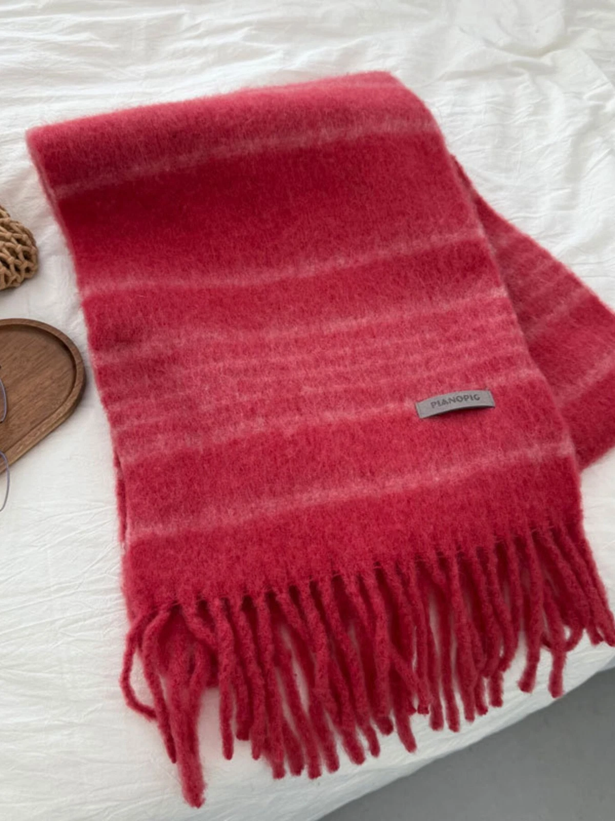 Cozy Striped Fringe Hem Scarf Red