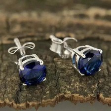 2CT Round Cut Blue Lab Created Women's Stud Earrings 14K White Gold Plated