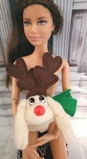 Mini Galoob Pound Puppies Red Nosed Reindeer 2.5" White Plush Made For Barbie