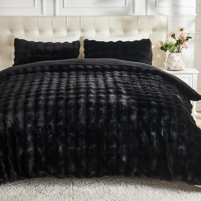 Lotus Karen Fluffy Comforter Set Cover Set-Rabbit Fluff Faux Fur King, Black 