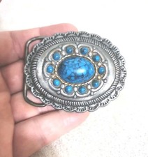 Silver Tone Faux Turquoise Scalloped Border Oval Concho Style Belt Buckle