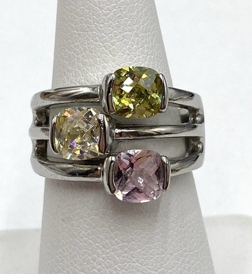 Ring 7 Silver Tone Three Multi Color Faceted Glass Crystals Modernist Abstract 