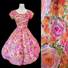 Vtg 50s Cotton Floral Swing Dress Sz S Short Sleeve Rose Rockabilly