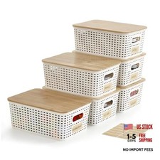 Small Plastic Storage Bins with Bamboo Lids 5.2qt Stackable Box Cream White