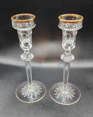 2 VTG Miller Rogaska Crystal Candlesticks Holders 8 '' Gold Trim Signed Luxury 