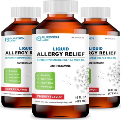 Puregen Diphenhydramine 12.5mg/ 5mL HCL Liquid Solution, 16 Fl oz/473 ml 3 Pack