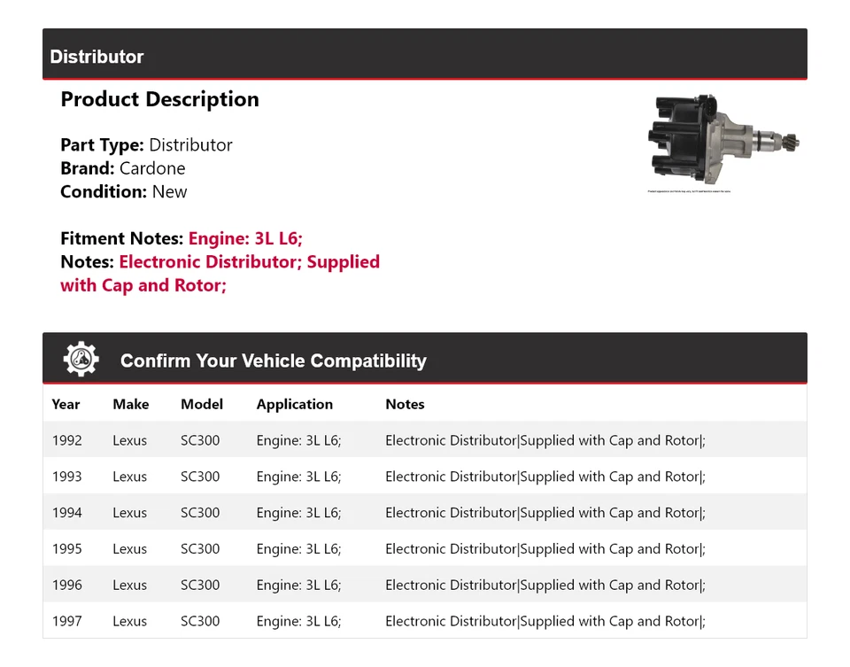 For 1992-1997 Lexus SC300 3L L6 Distributor Cardone 1993 1994 1995 1996 - Image 2 of 4