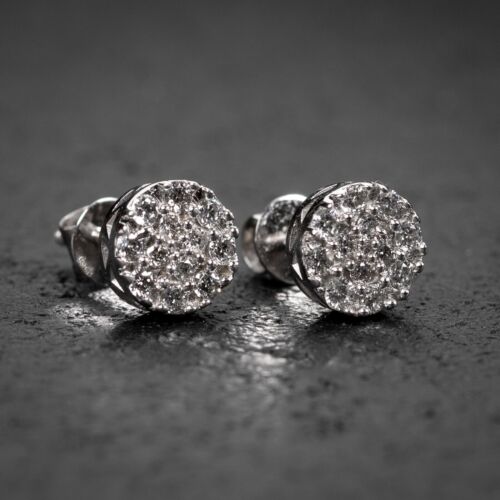 Men's Small 14K White Gold  Small Natural Diamond Round Cluster Stud Earrings - Picture 1 of 5
