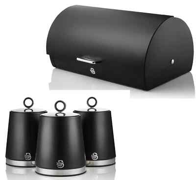 Swan Serenity Black Bread Bin Tea Coffee Sugar Canisters