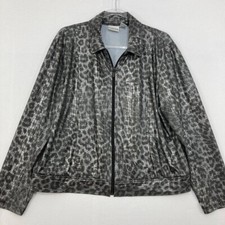 Chico s size XL/3 Stretch Gray Leopard Print Full Zip Long Sleeve Light Jacket