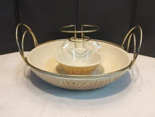 RARE Vintage Ath-Tex Oven Ware Woodgrain Chip & Dip Serving Bowl w/Brass Handles