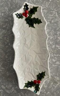 Vintage 12'' x 4.5'' Lefton Exclusives Christmas Celery/Olive Dish with Holly Leaf