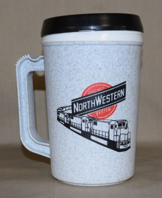 Vintage Chicago Northwestern Railroad System Plastic Coffee Mugs with Train Pic