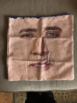 Nicolas Cage Sequin Pillow Case 14'' Reversible Flip Face Design Novelty Funny