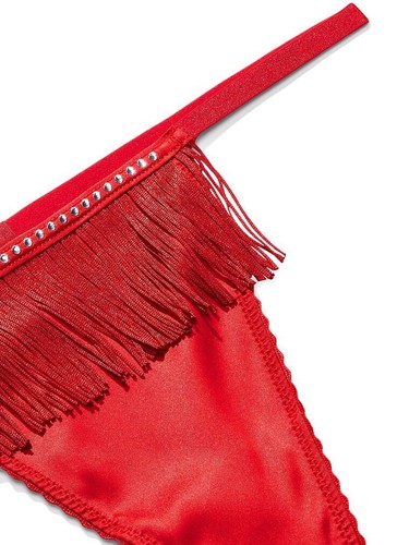 Victoria Secret VERY SEXY Fringe V-String Panty Red Flapper Embellished Satin - Picture 3 of 5