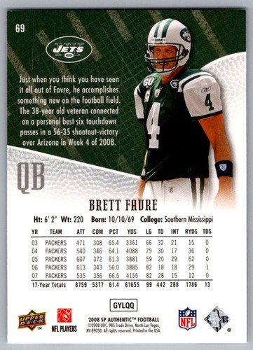 2008 SP Authentic Brett Favre New York Jets #69 - Picture 2 of 2