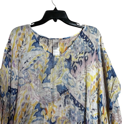 Chicos Oversized Tunic Top Women Large XL Multicolor Boho Fringe Linen Blouse - Picture 2 of 8