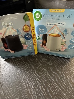 LOT (2) AIR WICK ESSENTIAL MIST DIFFUSER LINEN & PETALS STARTER KIT BLACK &WHITE