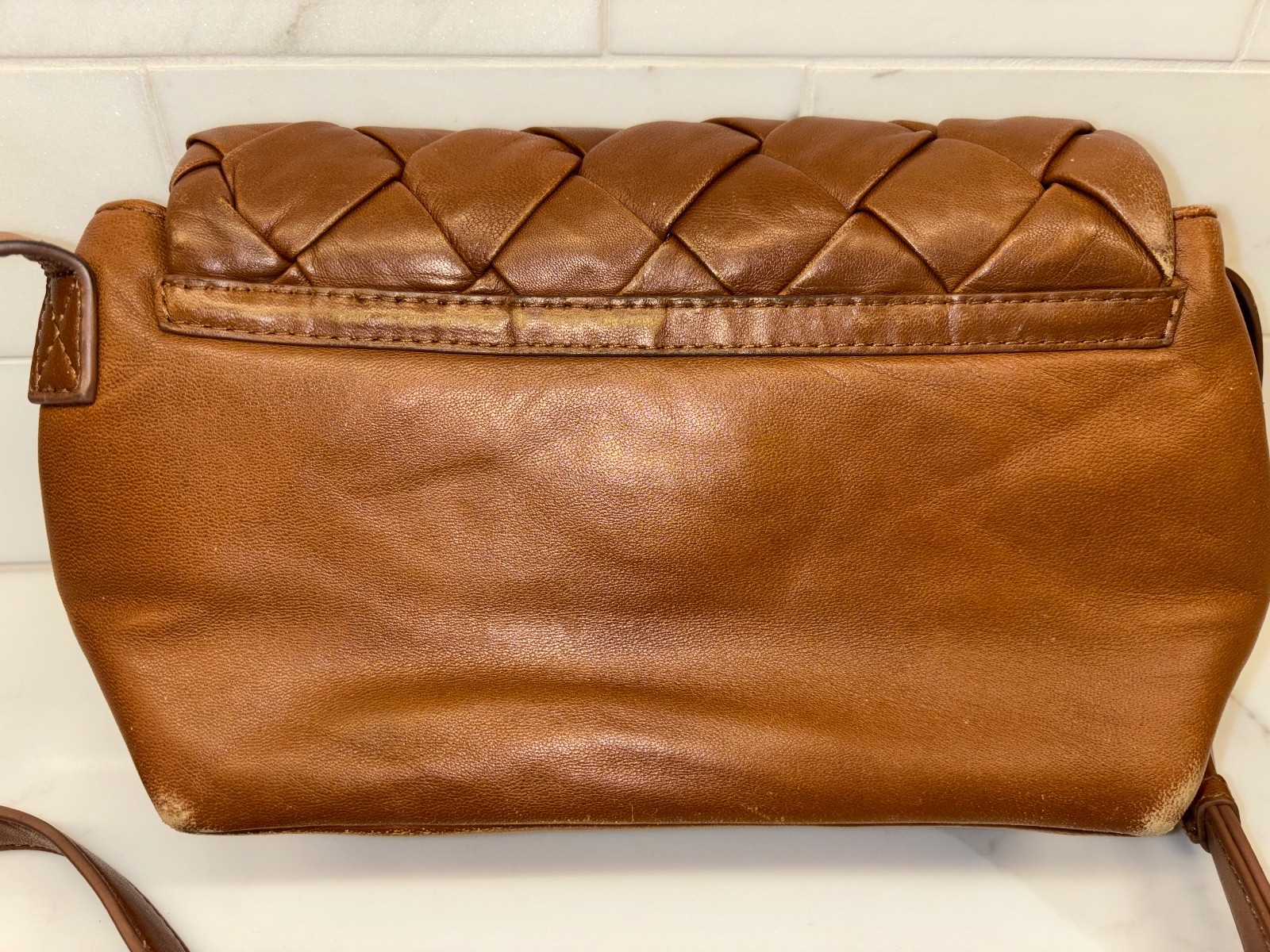 Dune London Dempsey Tan Woven Leather Crossbody Bag Gold Hardware Flap Purse image 3
