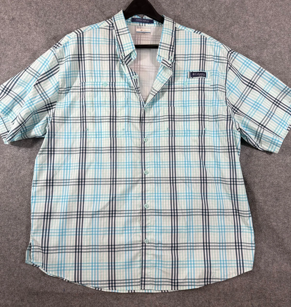 Columbia PFG Super Tamiami Fishing Shirt Mens 2XL Blue Plaid Performance NWOT