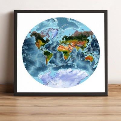 World Map, Van der Grinten Projection World Map, Framed World Relief Map