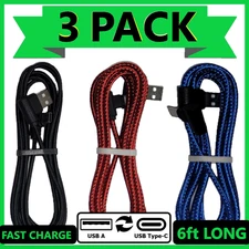 3 PACK 6FT 90 Degree Type C USB-A Fast Charger Cable Quick Charging Cord L Shape