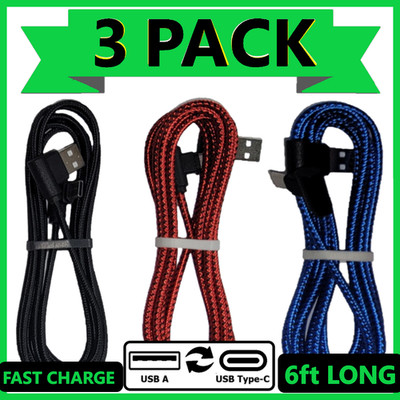 3 Pack Type C 6FT USB A 90 Degree Fast Charger Cable Charging Cord L Shape Nylon