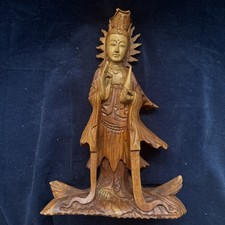 12" Hand Carved Wood Guan Yin Statue Kwan Yin Goddess of Compassion Buddha
