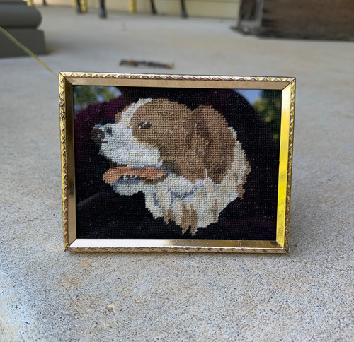 Vintage Small Tapestry Art Australian Shepherd Spaniel Dog Brass Black Tan