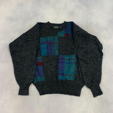 Vintage Abstract Knitted Jumper Patterned Grandad Knit Sweater Men's M