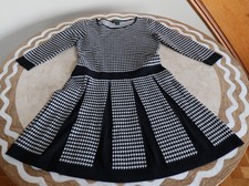 Lauren Ralph Lauren Women's Black White Houndstooth Pleated Knit Sweater Dress M