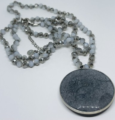 Verona Natural Semi Precious Gemstone Gray Circle Pendant Long Beaded Necklace