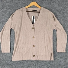 Joan Vass New York Oatmeal Heather Ribbed Knit Button Cardigan Sweater M